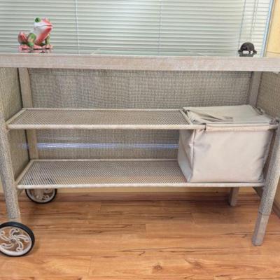 Hampton Bay Vintage Rolling Potting Bench + Ceramic Garden Decor