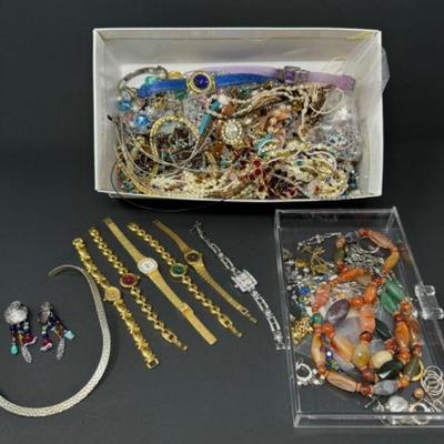 	Jewelry Collection: Gold & Red Crystal Necklace, Gold Tone Pendant, Gems & Watches+