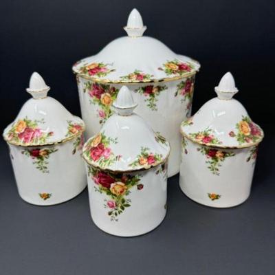 	1962 Royal Albert "Old Country Roses" Kitchen Canister & Spice Jar Set