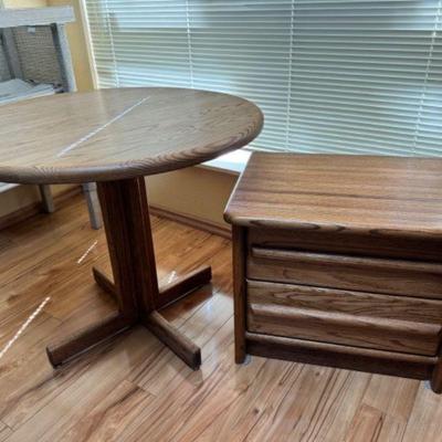 Solid Oak Round Dining Table w/ Matching 2-Drawer Side Table