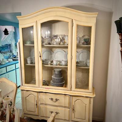Vintage French Provincial-style dining table (with leaf), 6 caned chairs, and china cabinet