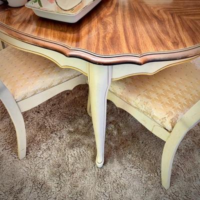 Vintage French Provincial-style dining table (with leaf), 6 caned chairs, and china cabinet