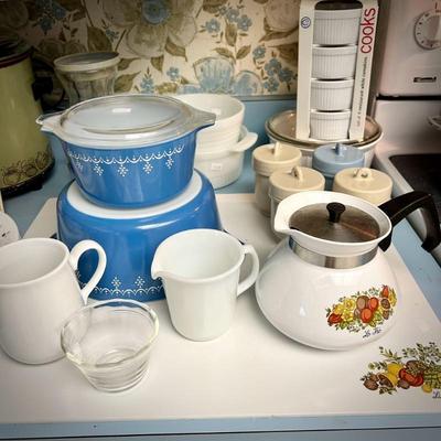 Vintage Pyrex blue "Snowflake Garland" bowls and Corningware "Spice of Life" - multiple pieces