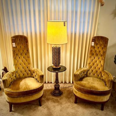 Two Hollywood Regency vintage high-backed chairs and 60s vintage lamp