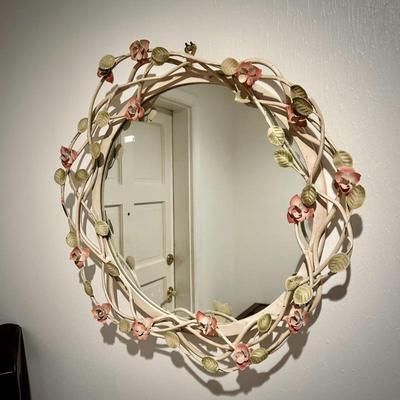 Vintage white metal mirror with pink roses