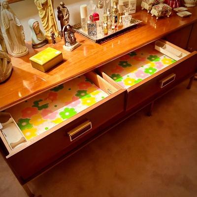 Vintage MCM Drexel "Sun Coast" bedroom suite - dresser & mirror (6 drawers + 3 sliding trays). Dresser 66" x 18"...