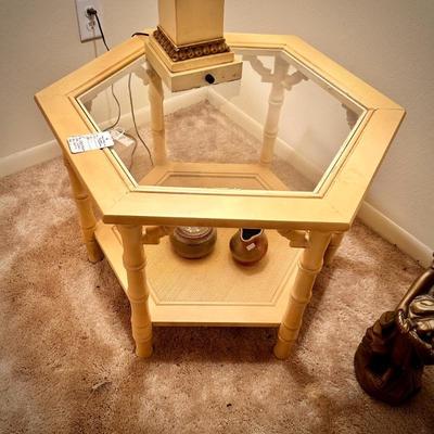VIntage grandmillennial-style faux bamboo ivory coffee table and two end tables