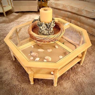 VIntage grandmillennial-style faux bamboo ivory coffee table and two end tables