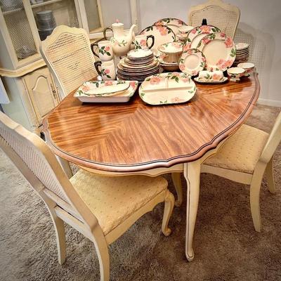 Vintage French Provincial-style dining table (with leaf), 6 caned chairs, and china cabinet
