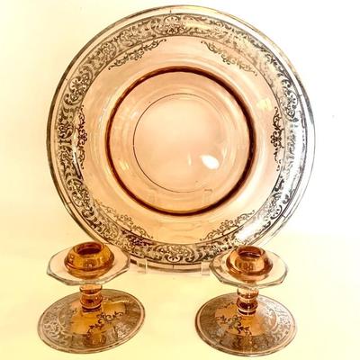 Sterling overlay pink depression glass