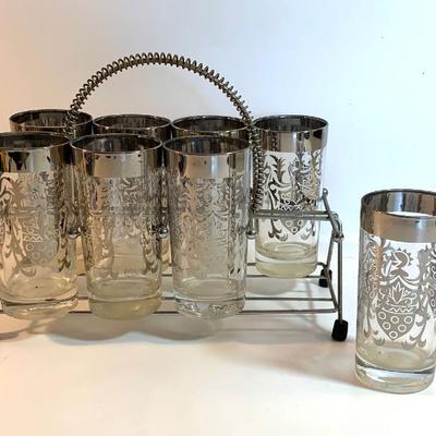 Kimiko Silver Crest highball glasses w/ caddy