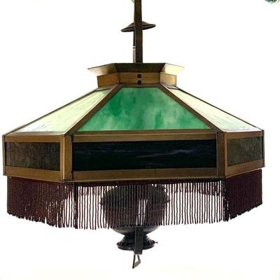 Bradley & Hubbard hanging lamp w/ paneled shade (elec)