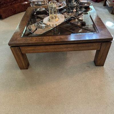 Coffee table, silverplate items