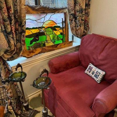Exceptional stained glass window, vintage ashtrays with stands