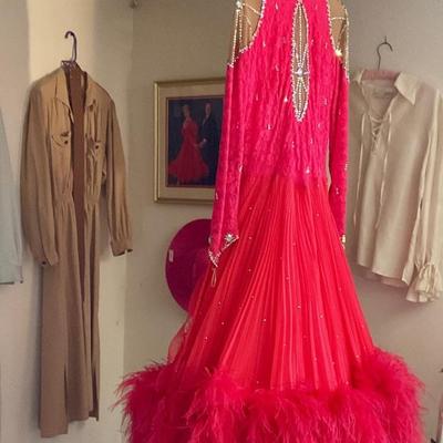 Red dancing dress with ostrich feathers