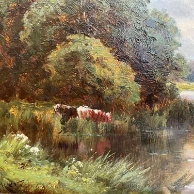 Lovely 19th century pastoral landscape of a river and cows, English, signed Henry H. Parker