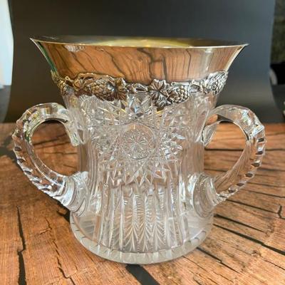 Large crystal vase with sterling silver collar