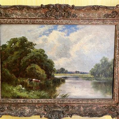 Lovely 19th century pastoral landscape of a river and cows, English, signed Henry H. Parker