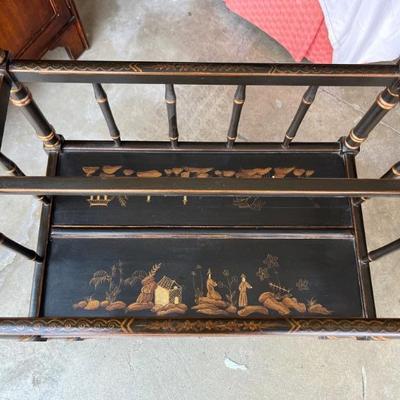 Chinoiserie style magazine rack, black and gold