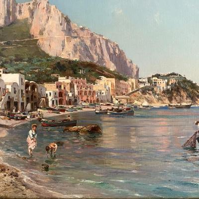 Large 19th century Italian oil painting, coastal scene, landscape, signed Bernardo Hay, dated 1898