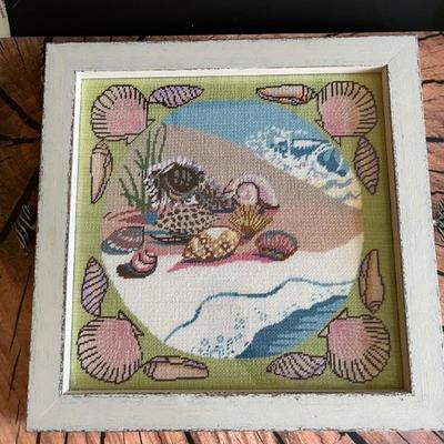 Hand needlepointed tray with sea shells