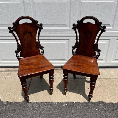 pair of Victorian Tudor Revival hall chairs