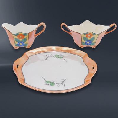 Antique Japanese Lusterware Fine China Creamer, Sugar Bowl, and Tray