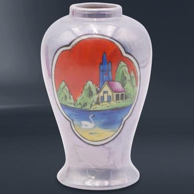 Vintage Lusterware Hand Painted Small Japanese Vase w/ Landscape Scene