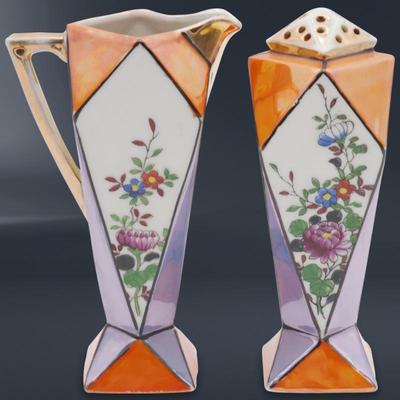 Hand Painted Lusterware 6" Tall Creamer & Sugar Shaker
