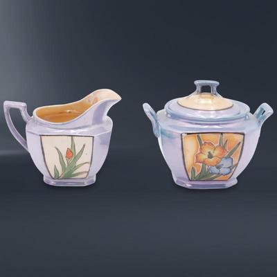 Hand Painted Periwinkle & Orange Floral Lusterware Creamer & Sugar Bowl