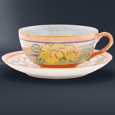 Orange & Teal Lusterware Teacup & Saucer Set w/Floral Motif