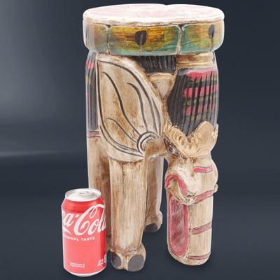 Hand Carved & Painted Wooden Elephant Stool
