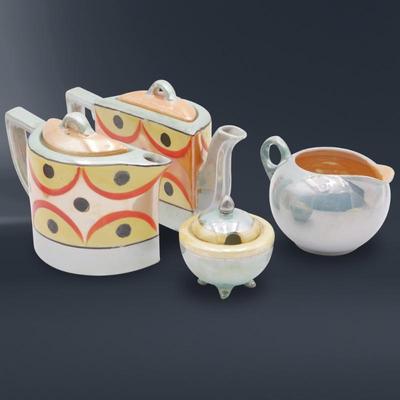 Unique Lusterware Hand Painted Split Teapot Tea Set (4pcs Total)