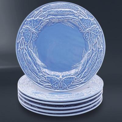 Vintage Bordallo Pinheiro "Papillion" Blue Glazed Dinner Plates ( Lot of 6)