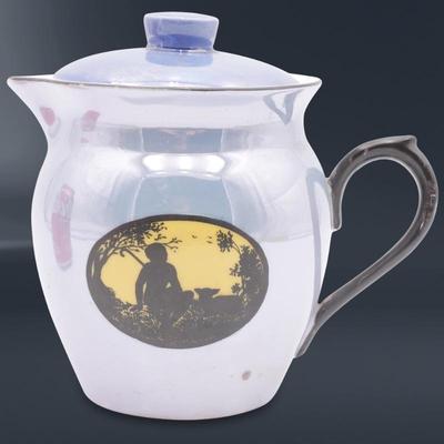 Periwinkle Blue Lusterware Pitcher w/Silhouette Illustration