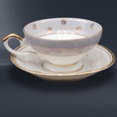 Gilded Porcelain Teacup & Saucer w/Floral Motif