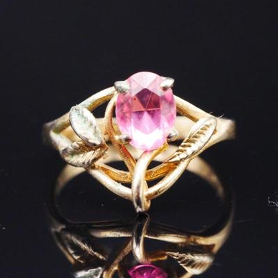 Vintage 18k Gold Plated Ladies Ring with Faceted Oval Pink Tourmaline Stone
