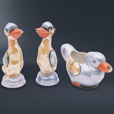 Hand Painted Lusterware Bird Oil & Vinegar Cruets & Duck Gravy Boat