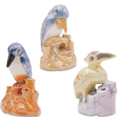 Lot Of 3 Vintage Japanese Lusterware Bird Flower Frog Figurines