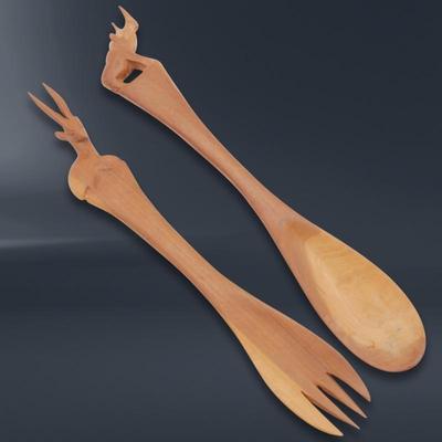 Pair of Carved Wooden Salad Serving Utensils