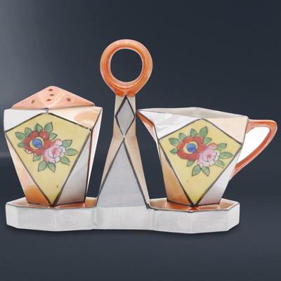 Vintage Japanese Lusterware Shaker & Creamer w/ Caddy Set