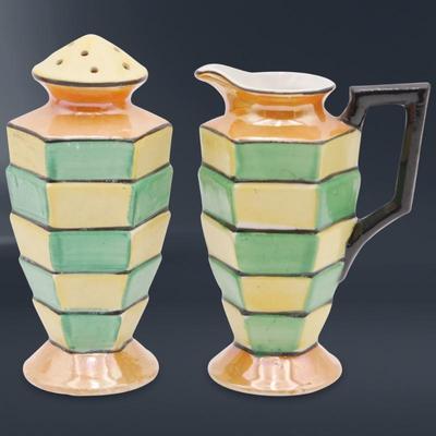 Hand Painted Lusterware Tall Footed Creamer & Sugar Shaker