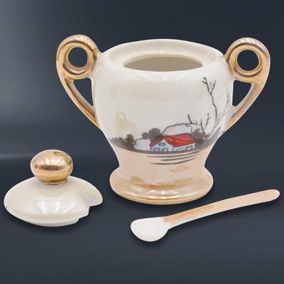 Hand Painted Nippon Lusterware Cruet & Sugar Bowl w/Spoon