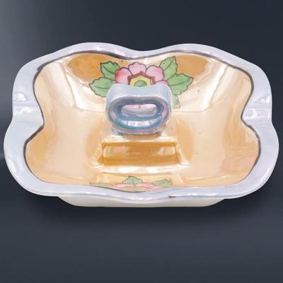 Vintage Lusterware Japan Blue and Orange Ashtray with Pink Flowers