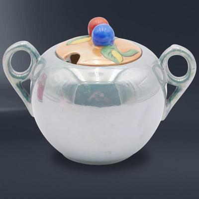 Large Teal Lusterware Lidded Condiment Jar