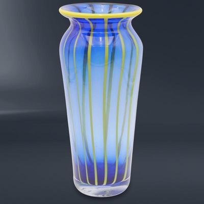 Cobalt Blue w/Yellow Stripes Glass Vase