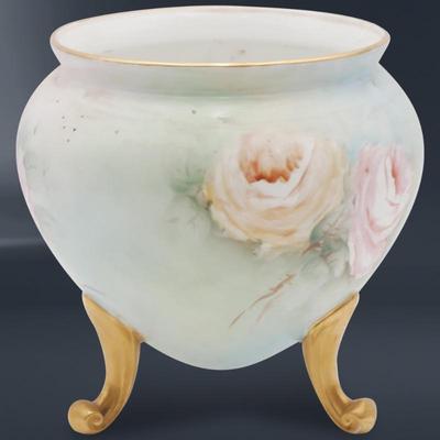 Hand Painted Roses Gilded Footed Bowl Vase Signed by Louise Taylor