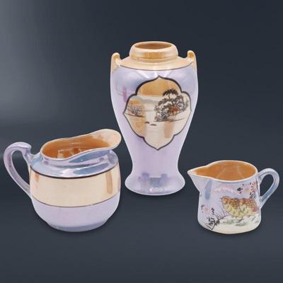 Lot Of Vintage Japanese Lusterware Vase & 2 Creamers