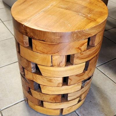 2 vintage Stacked Teak Wood Block Round Pedestal Stools