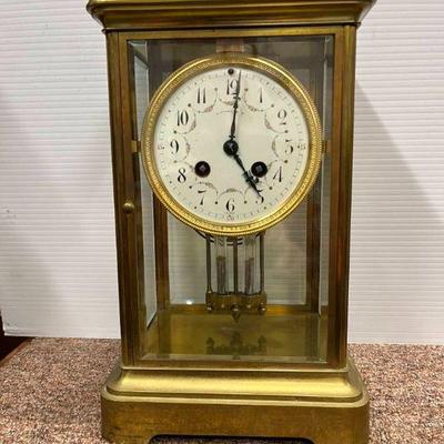 Lot 077-K: Victorian S. Marti for Tiffany Brass and Glass Regulator Clock